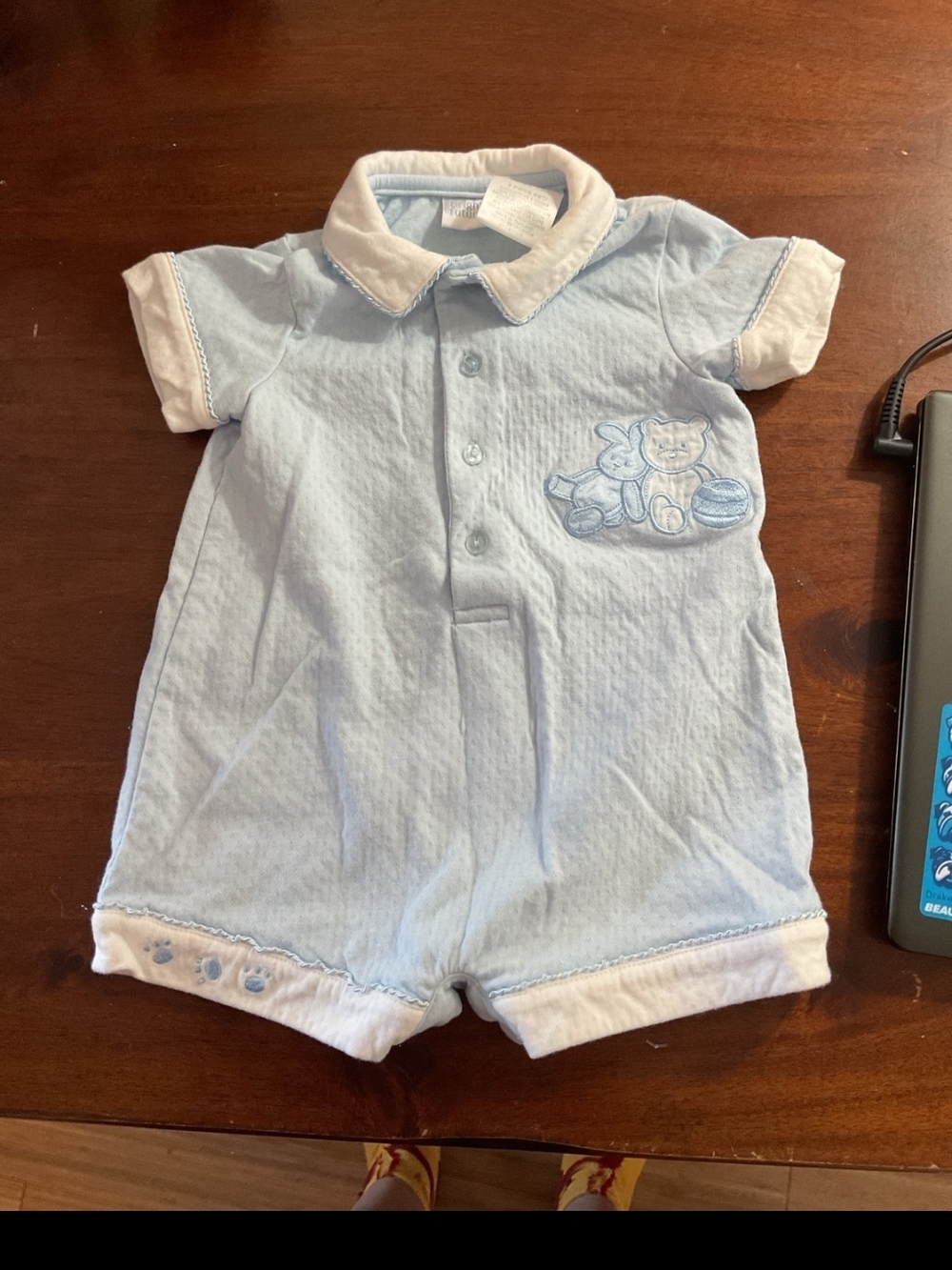 Vintage Bright Future baby romper 6-9 months baby blue white teddy bear